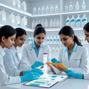 A team of professionals—lab technicians, hygiene experts, and business executives—collaborating in a clean, modern workspace. They are reviewing cleaning product samples, safety charts, and digital reports